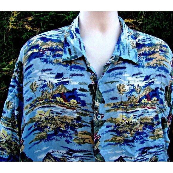 Hilo Hattie Hawaiian Camp Shirt Diamond Head Volcano Aloha Friday 100% Silk XL - Picture 3 of 11